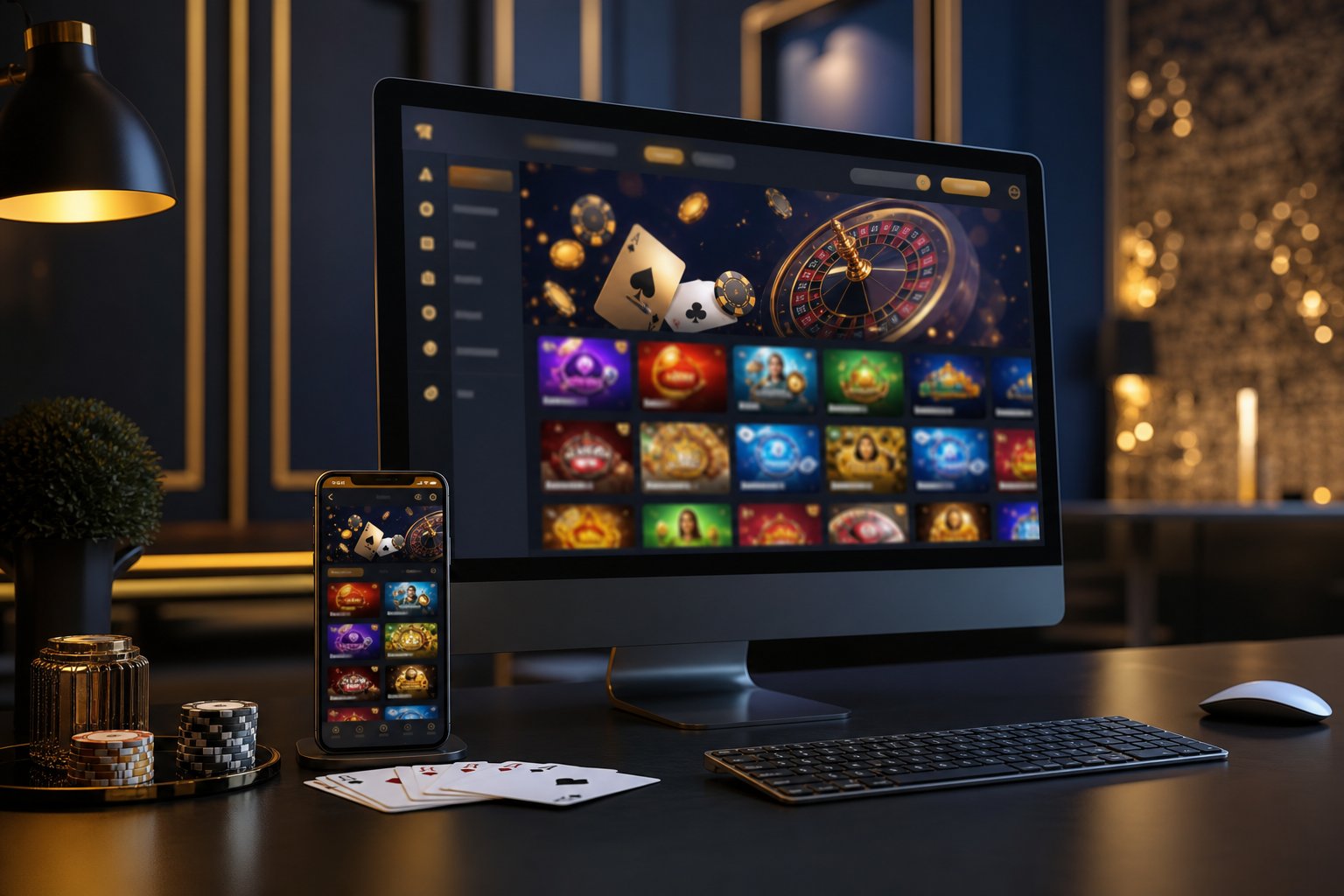 A modern desk with a monitor and smartphone showing an abstract online casino interface beside subtle casino-themed decorations.