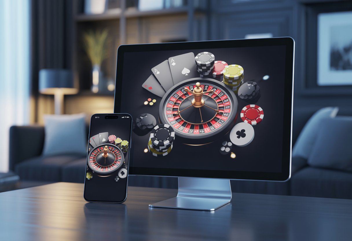 A computer and smartphone show an abstract online casino interface beside poker chips and playing-card symbols.