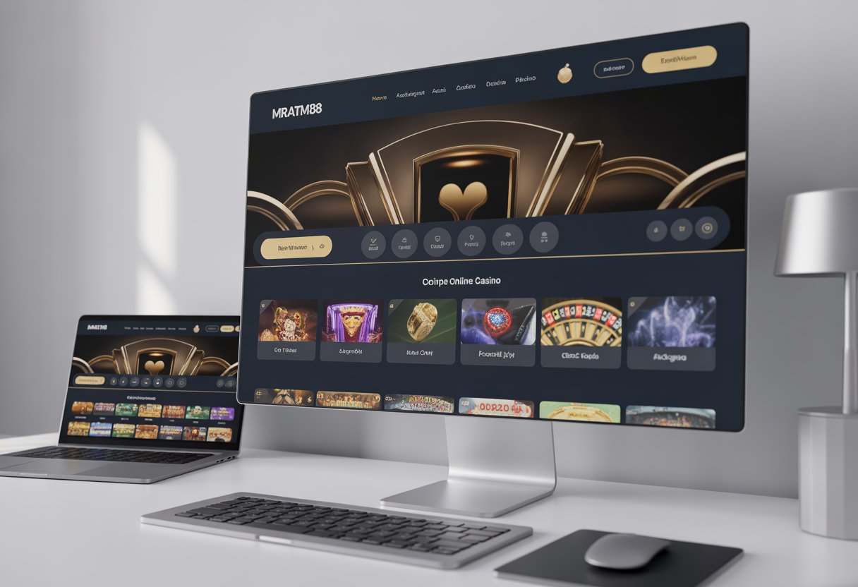 A desktop monitor shows a modern online casino homepage with game tiles in a contemporary workspace.