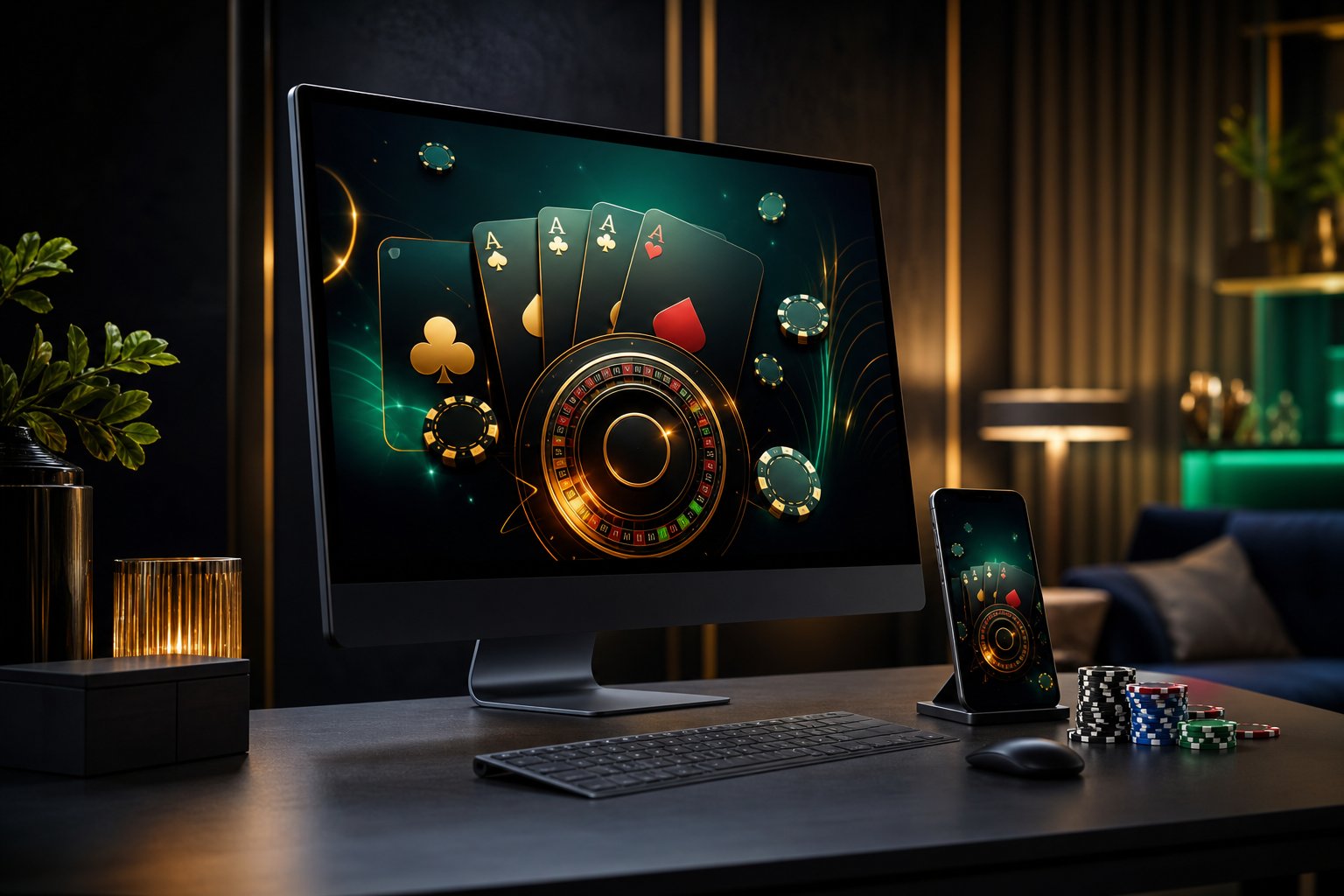 A computer and smartphone showing colorful online casino game graphics beside poker chips and playing cards on a dark desk.