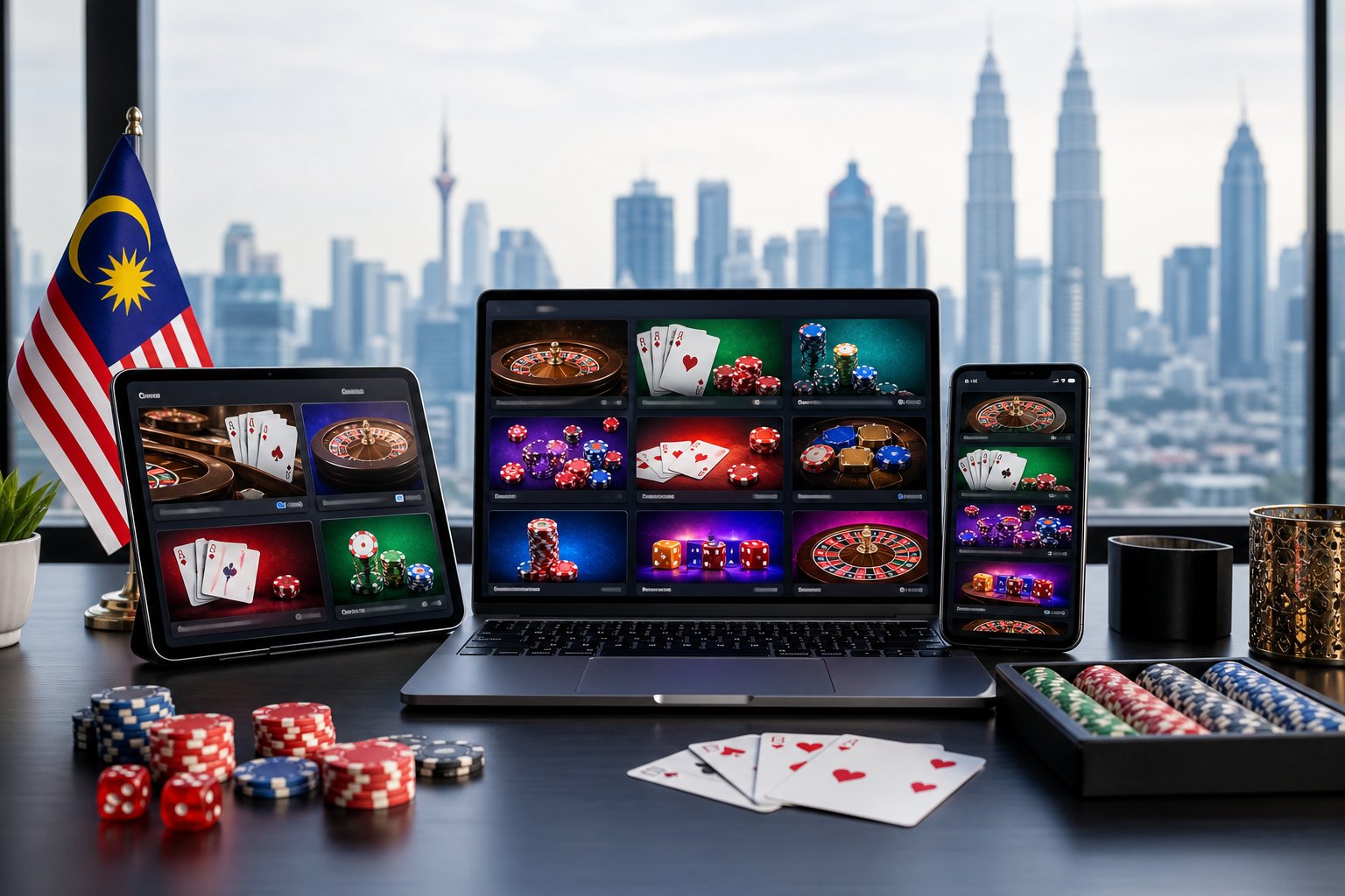 Laptop and smartphone showing generic online casino game interfaces beside cards, chips, and roulette imagery in a modern Malaysian setting.