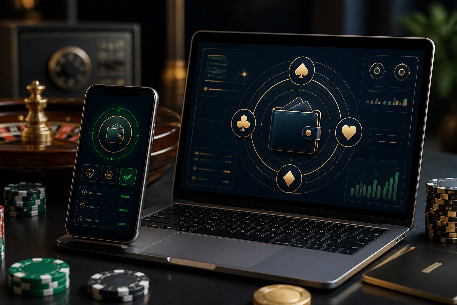 A smartphone and laptop show an abstract digital casino wallet interface beside poker chips and roulette-inspired graphics.