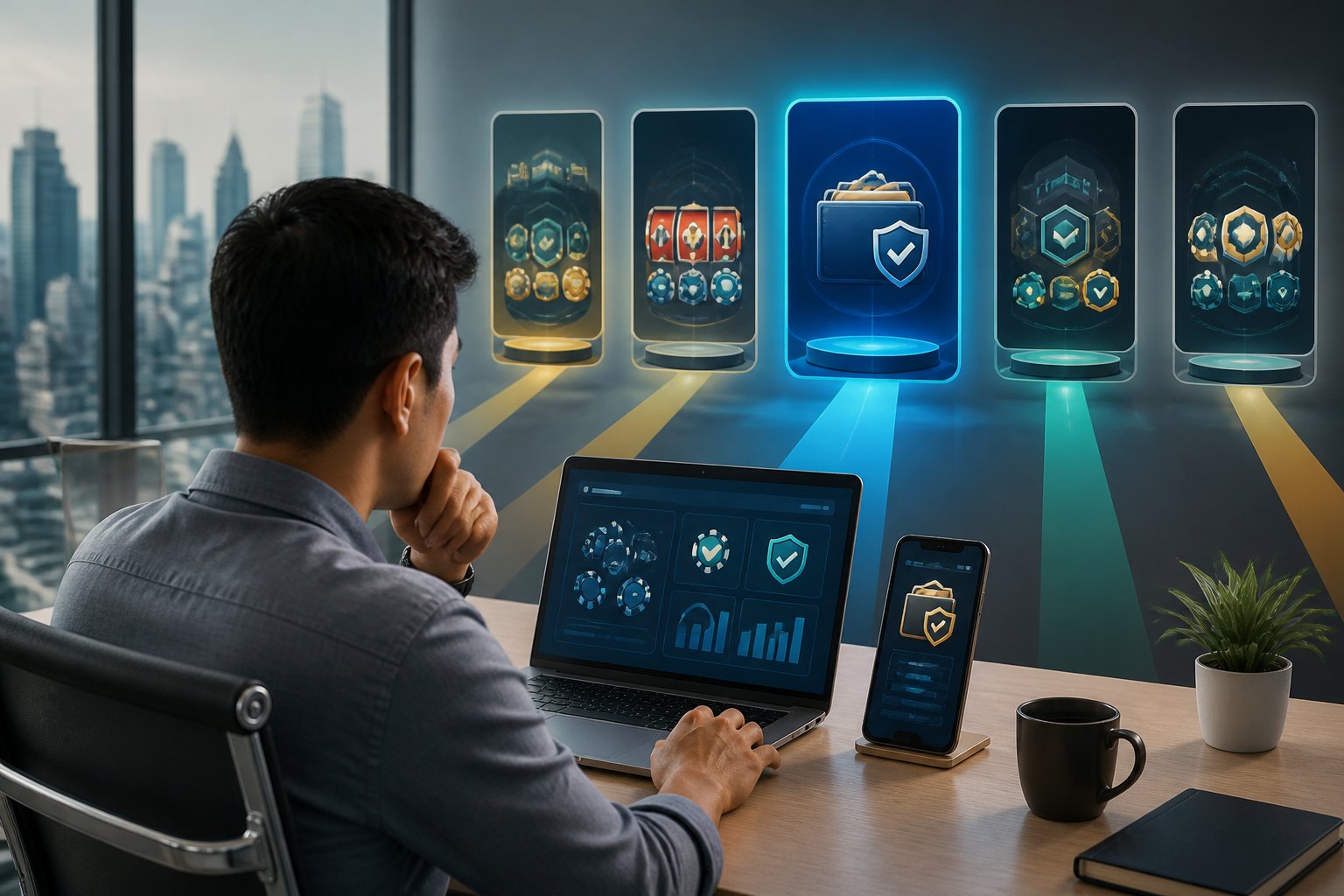 A Malaysian user compares several digital casino payment platforms on a laptop and smartphone at a modern desk.