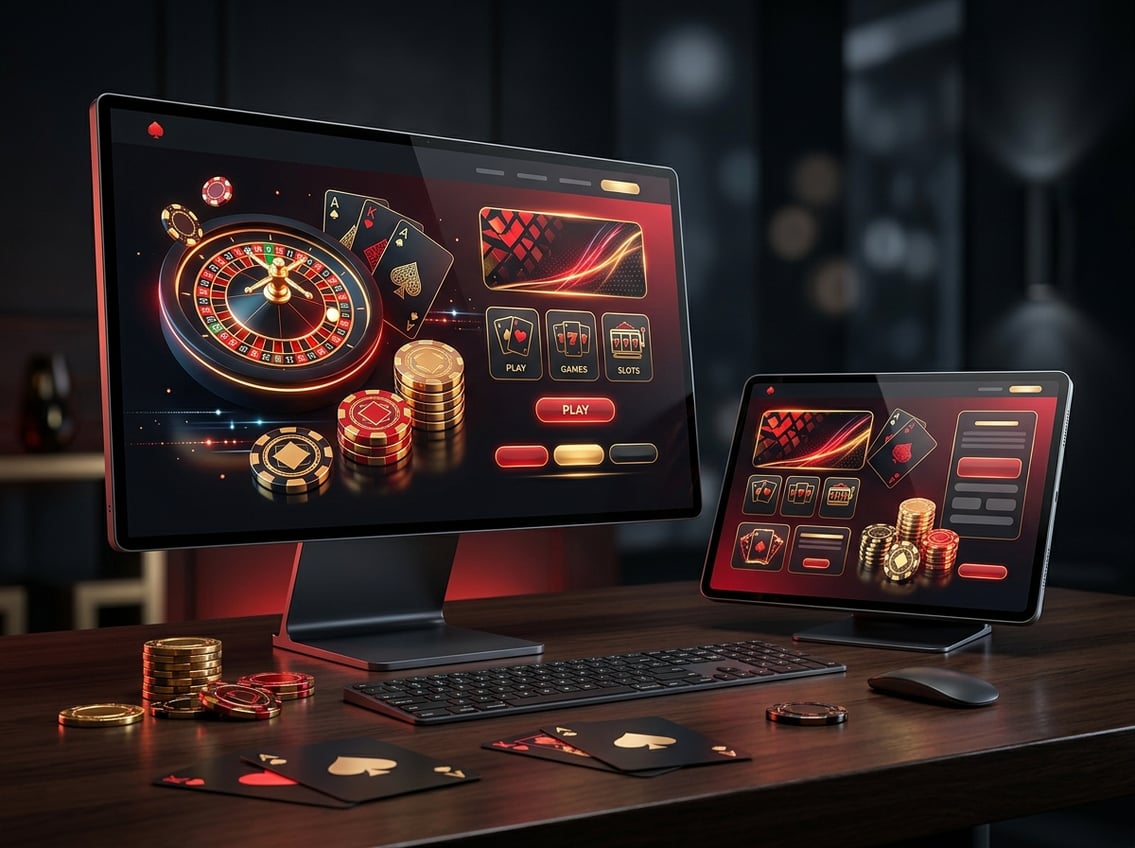 A modern digital casino display surrounded by poker chips, playing cards, and glowing roulette graphics.
