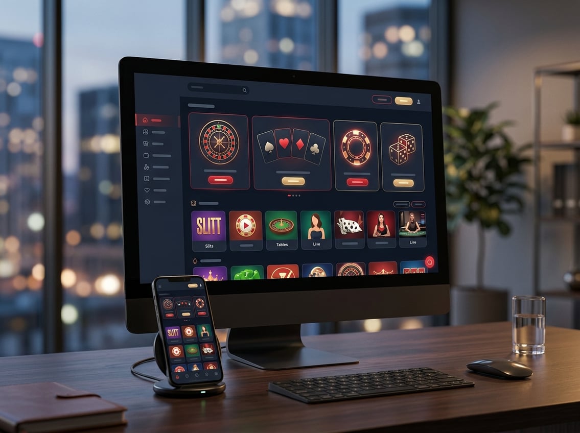 A modern computer and smartphone display a generic online casino interface beside playing cards, poker chips, and a roulette wheel.