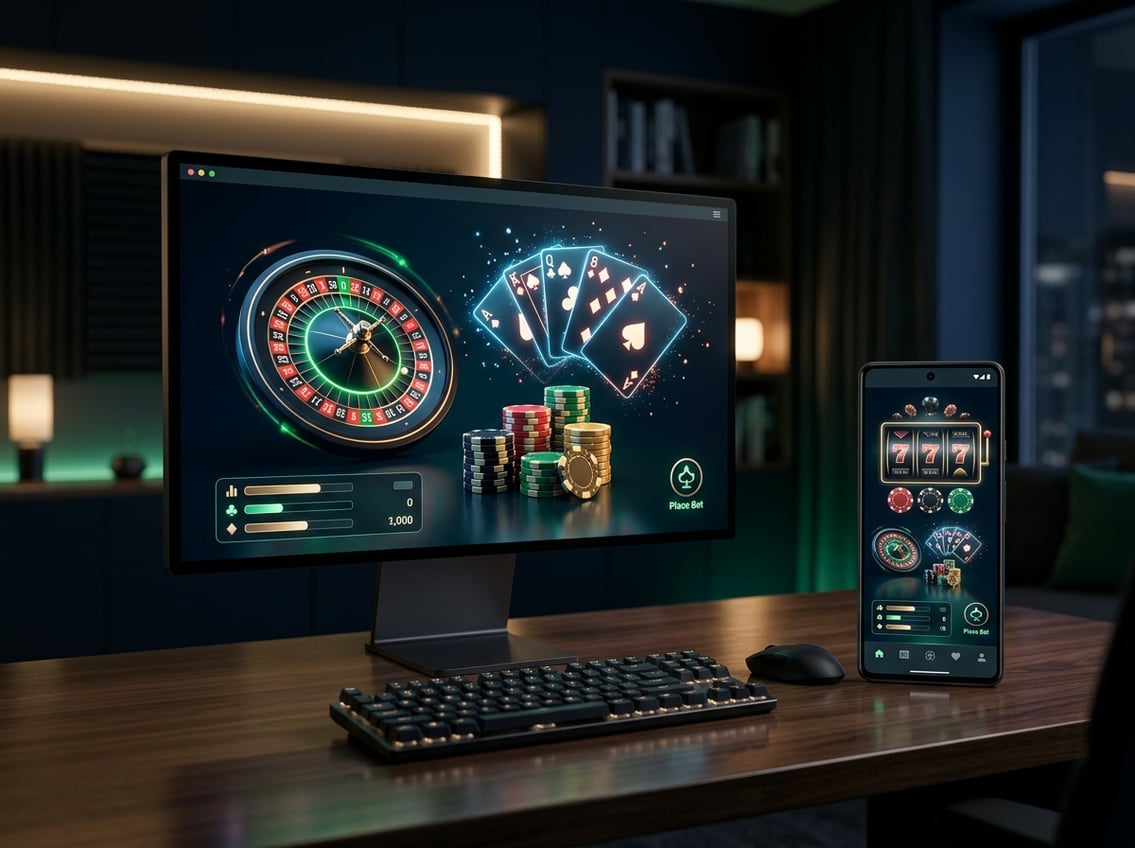 A computer and smartphone display abstract casino-themed graphics beside poker chips and playing cards.