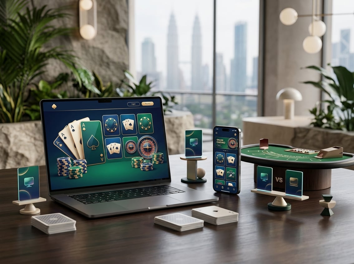 A laptop and smartphone show casino games beside comparison-themed gaming displays in a modern Malaysian setting.