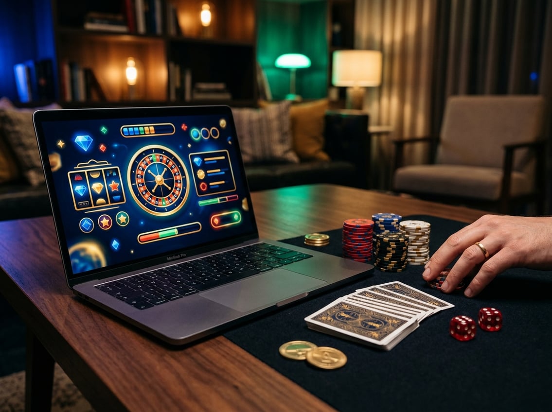 A laptop with casino-style graphics surrounded by poker chips, playing cards, dice, and gold coins on a warmly lit table.