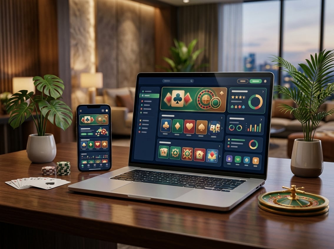 Laptop and smartphone showing abstract online casino interfaces arranged with comparison elements on a modern desk.