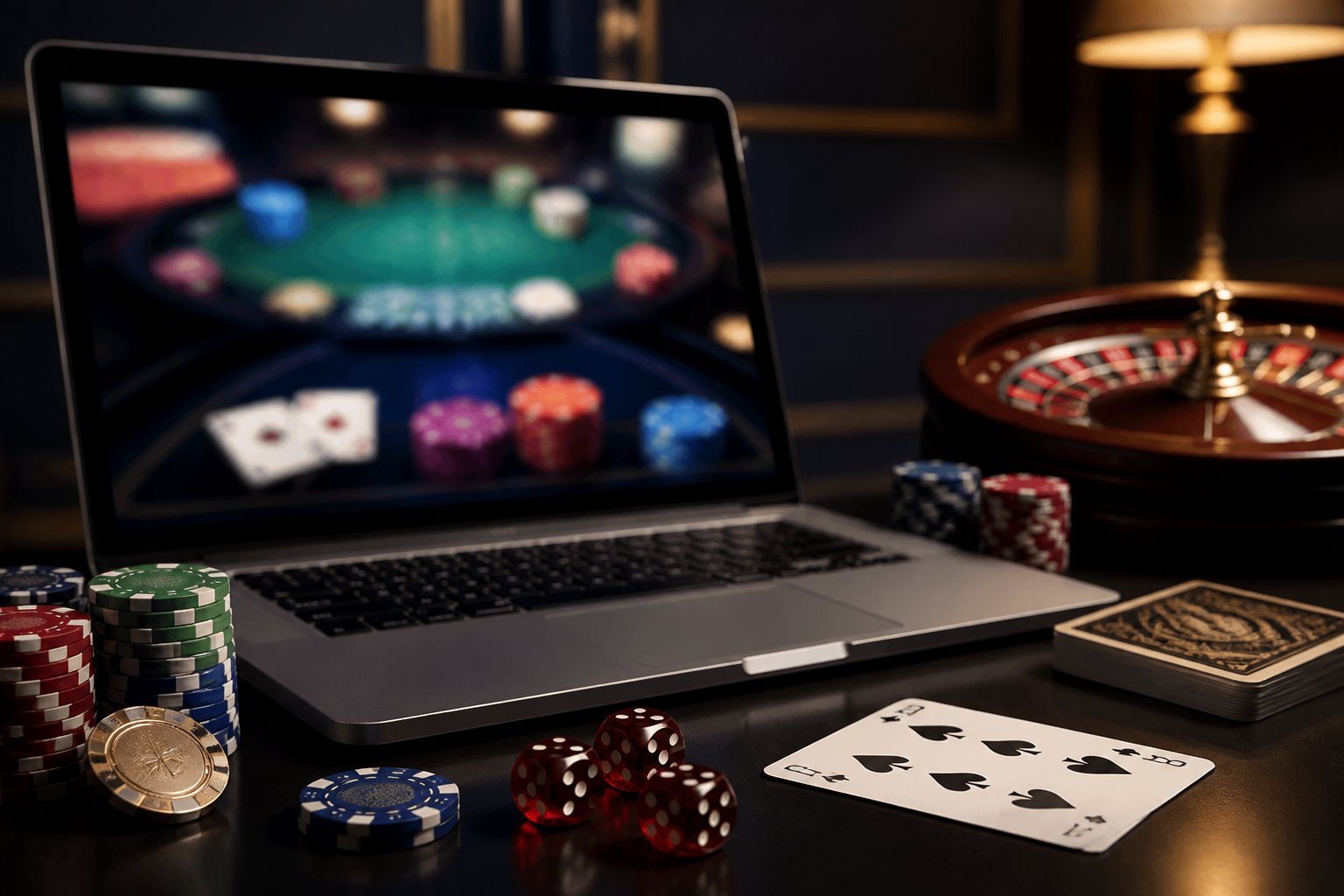 A laptop beside casino chips, playing cards, dice, and a roulette wheel on a polished surface.