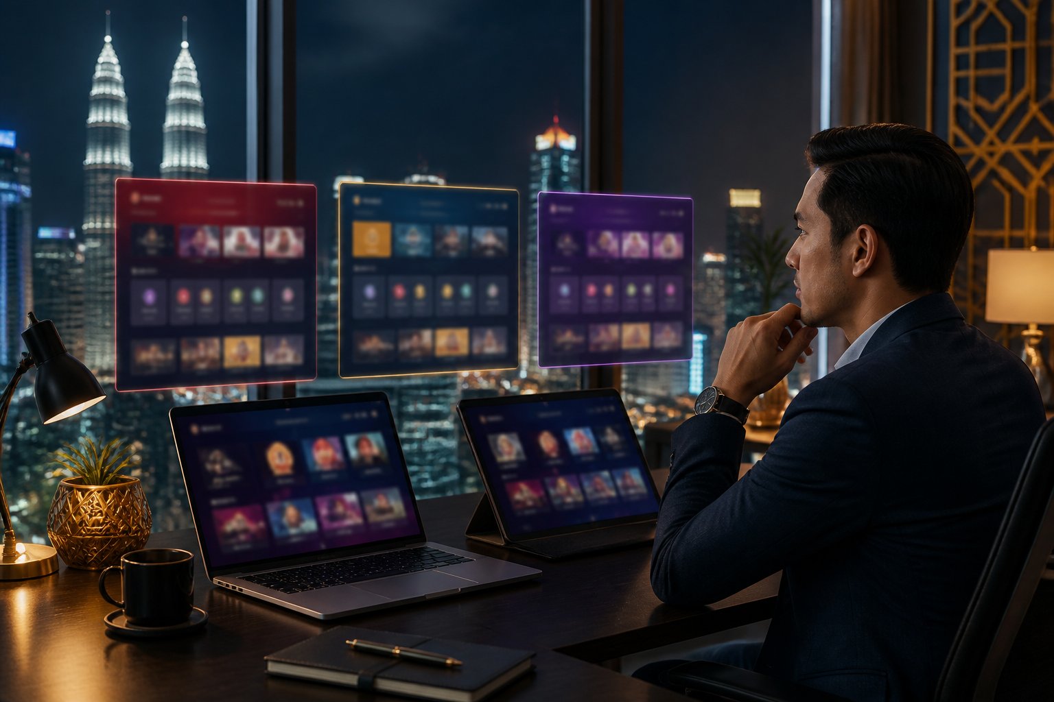 A professional reviewing several casino interfaces on digital devices in a modern Kuala Lumpur workspace.