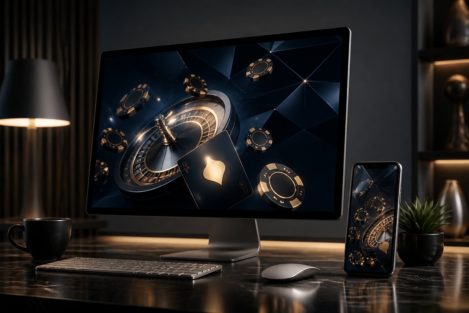 A computer and smartphone display casino-inspired graphics beside playing cards and poker chips on a modern desk.