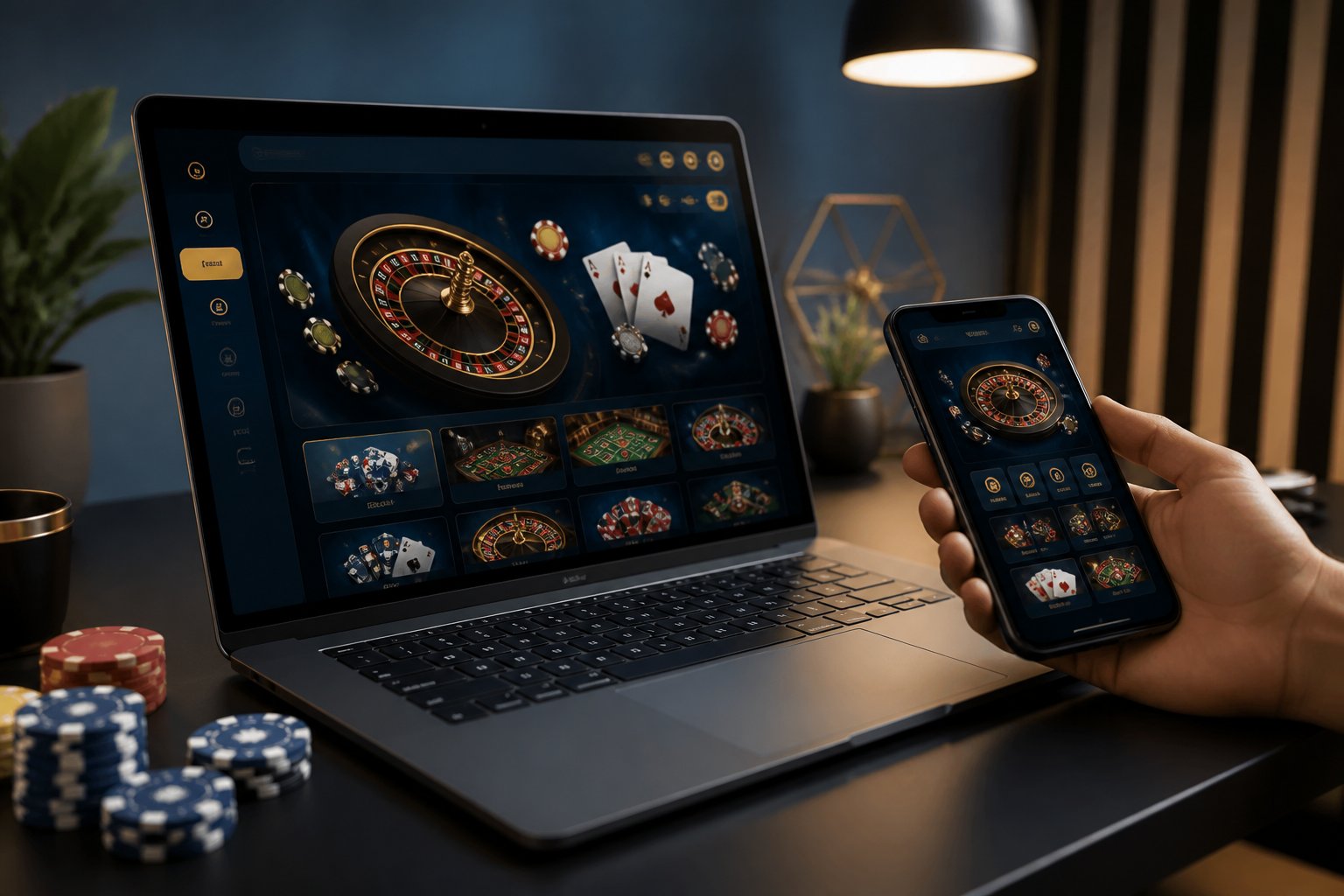 A laptop and smartphone show a generic online casino interface beside playing cards, poker chips, and roulette-inspired graphics on a modern desk.
