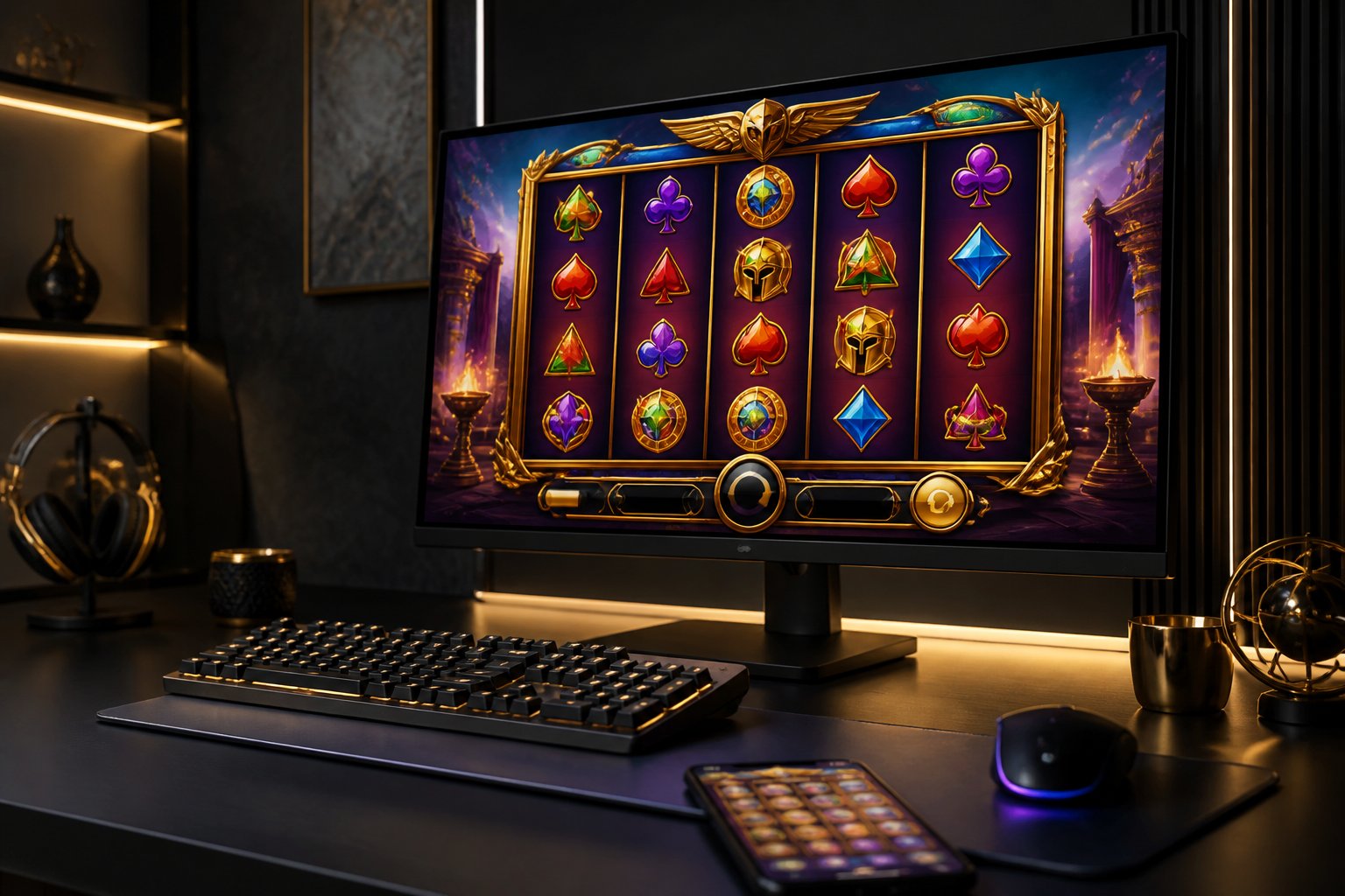 A modern computer setup displaying a colorful generic online slot game in a softly lit room.