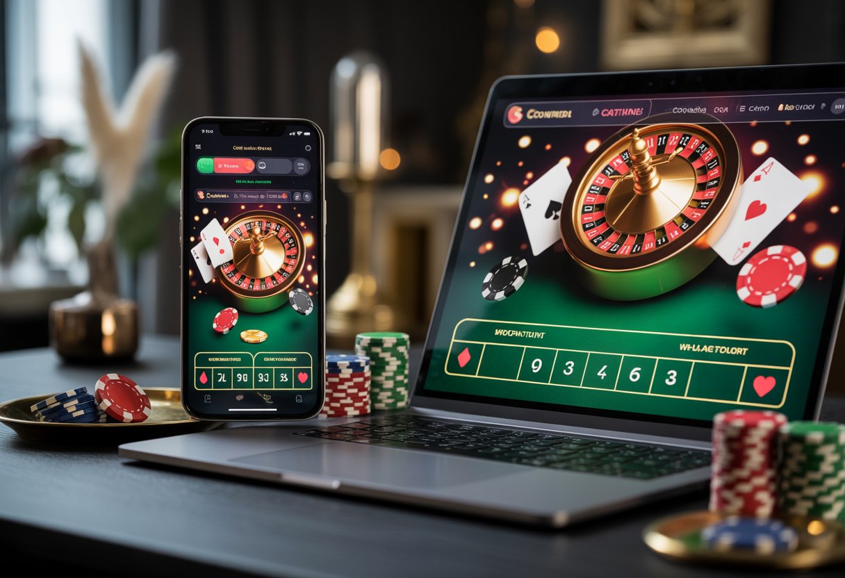 A smartphone and laptop beside casino chips and playing cards on an elegant dark table.