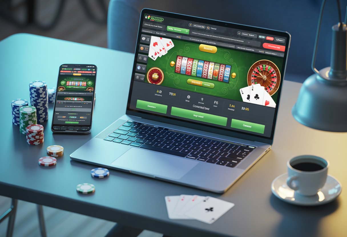 Laptop and smartphone showing a generic online casino interface beside poker chips and playing cards on a desk.