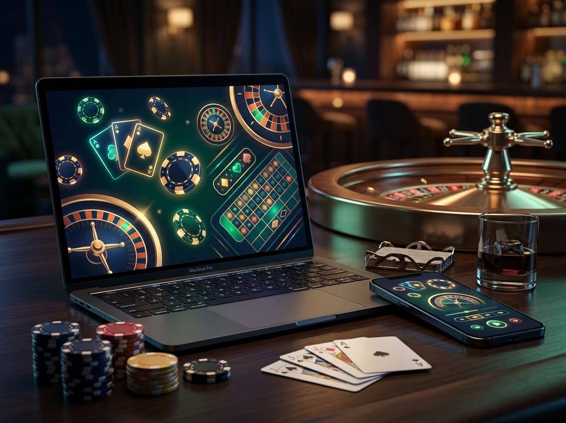 A laptop and smartphone showing abstract casino games beside poker chips, playing cards, and a roulette wheel.