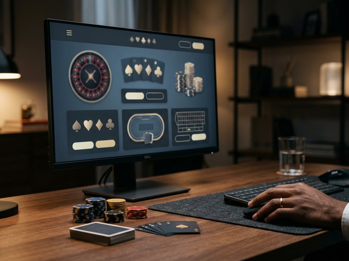 A modern computer displaying an abstract online casino dashboard beside casino chips and playing cards.