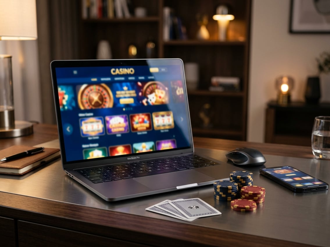 A laptop and smartphone showing blurred online casino-style screens beside poker chips and playing cards on a polished surface.