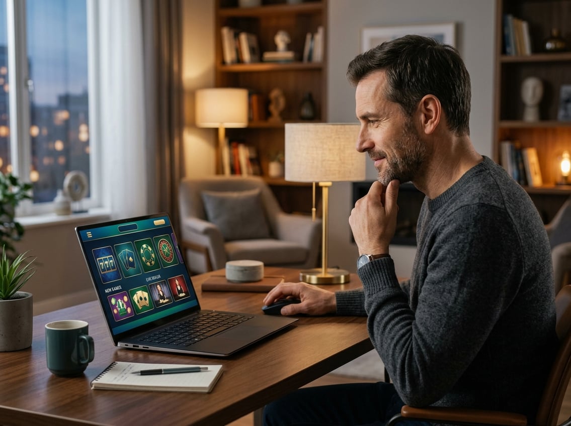 An adult examines a generic online casino interface on a laptop in a modern home office.