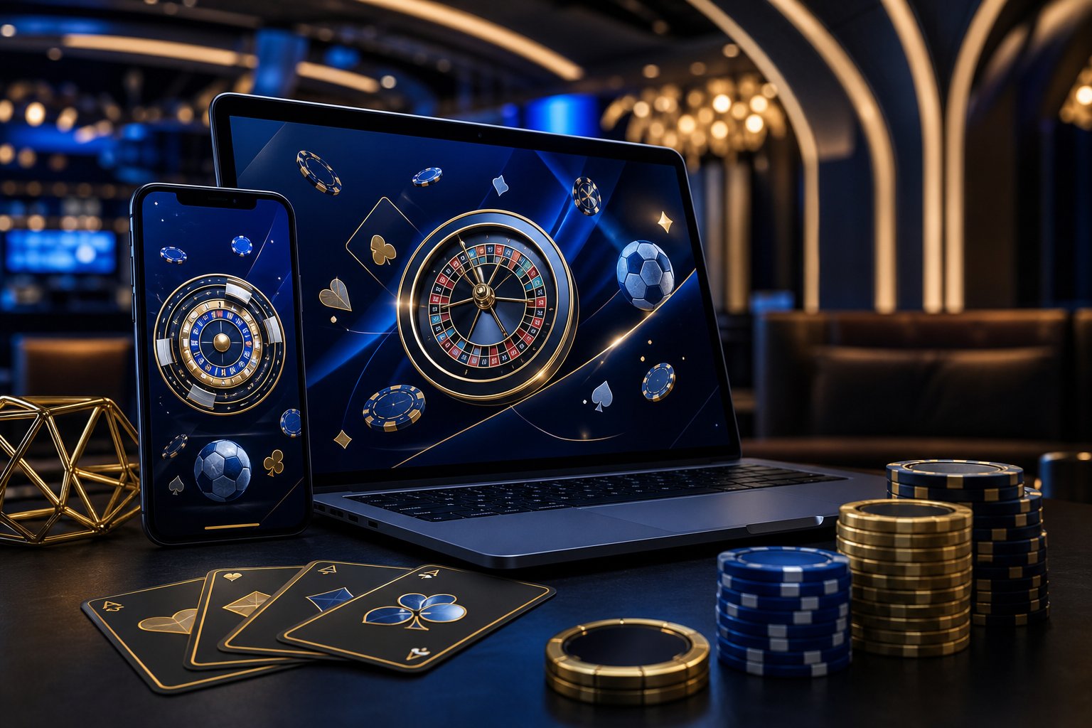 A smartphone and laptop showing abstract casino-themed graphics beside poker chips and playing cards on a modern table.