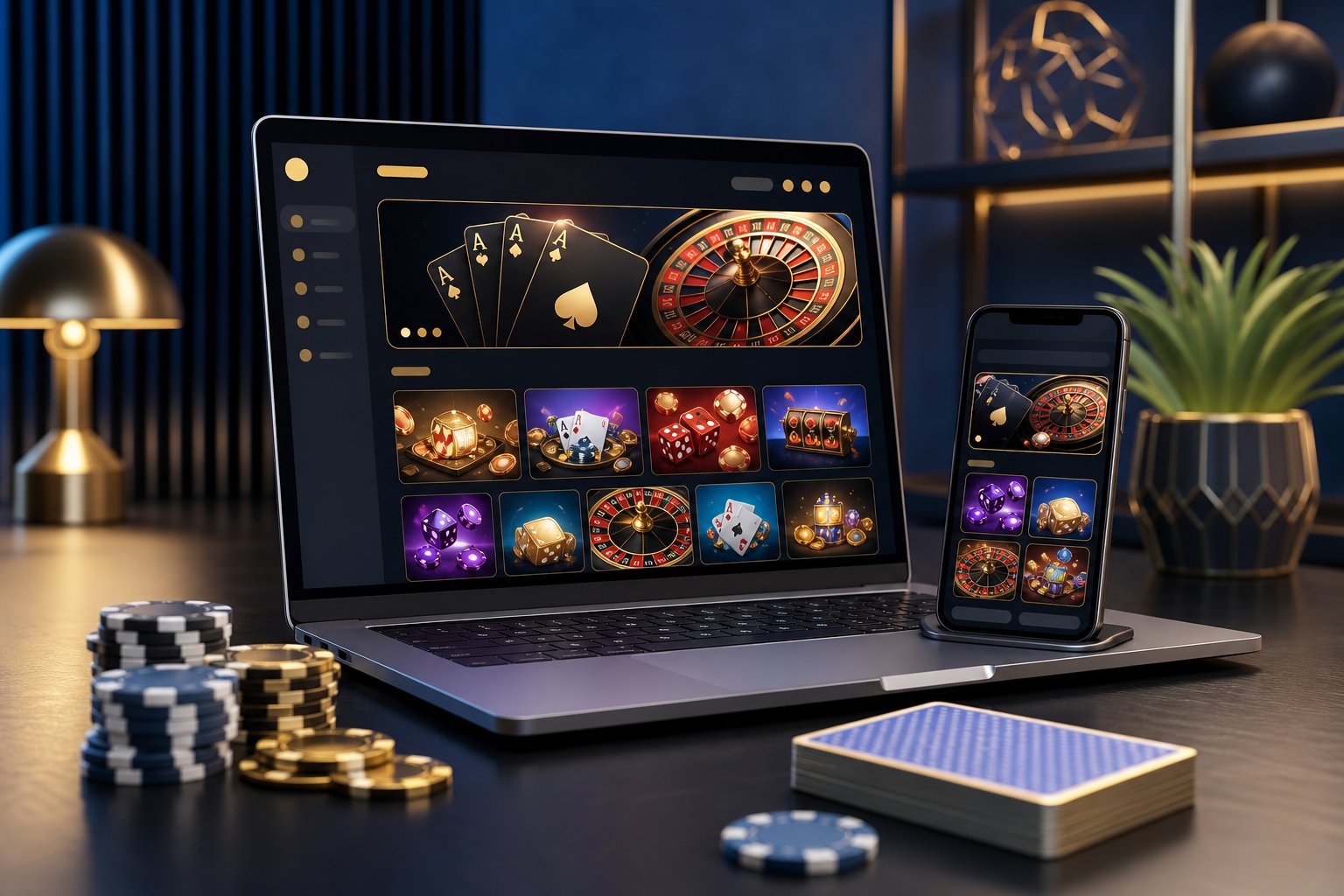 Laptop and smartphone displaying a generic online casino interface beside poker chips and playing cards on a modern desk.