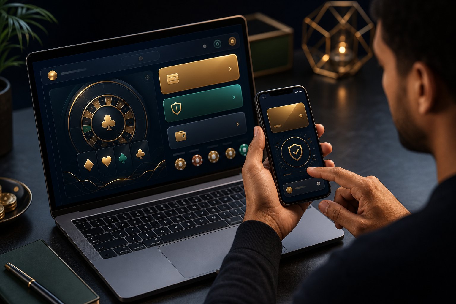An adult using a smartphone beside a laptop showing an abstract digital casino wallet interface.