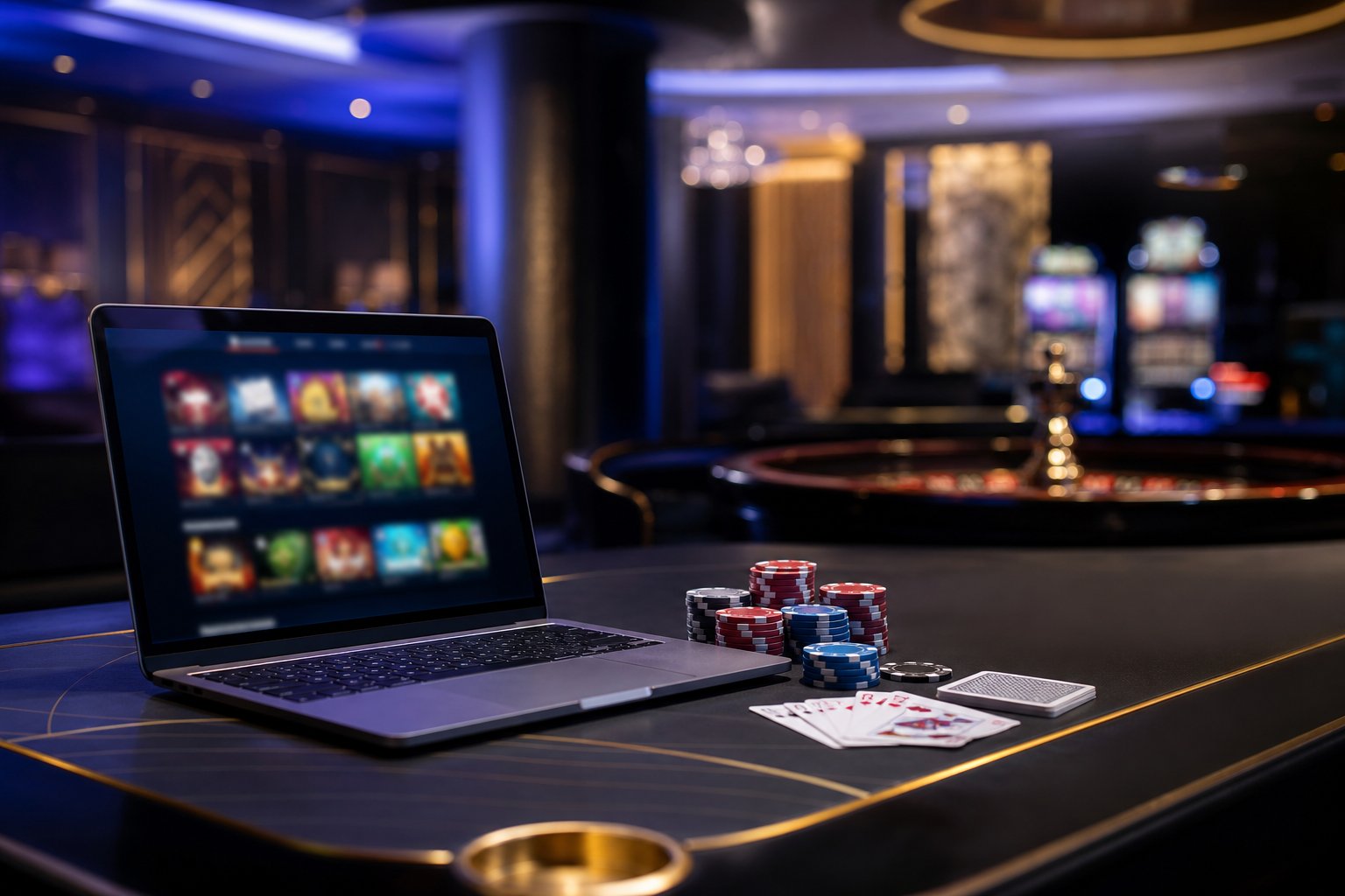 A laptop with abstract casino game visuals sits beside poker chips and playing cards on a modern gaming desk.