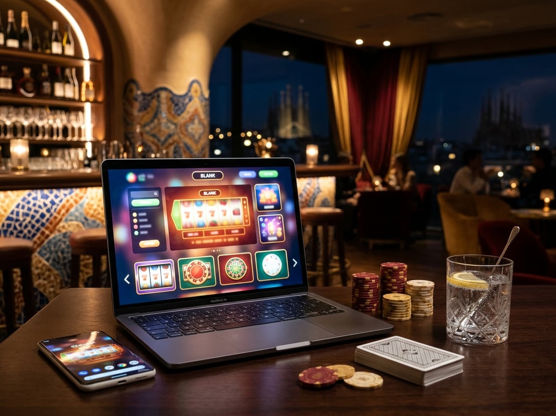A laptop and smartphone showing abstract casino games beside chips and playing cards in an elegant Barcelona-inspired lounge.