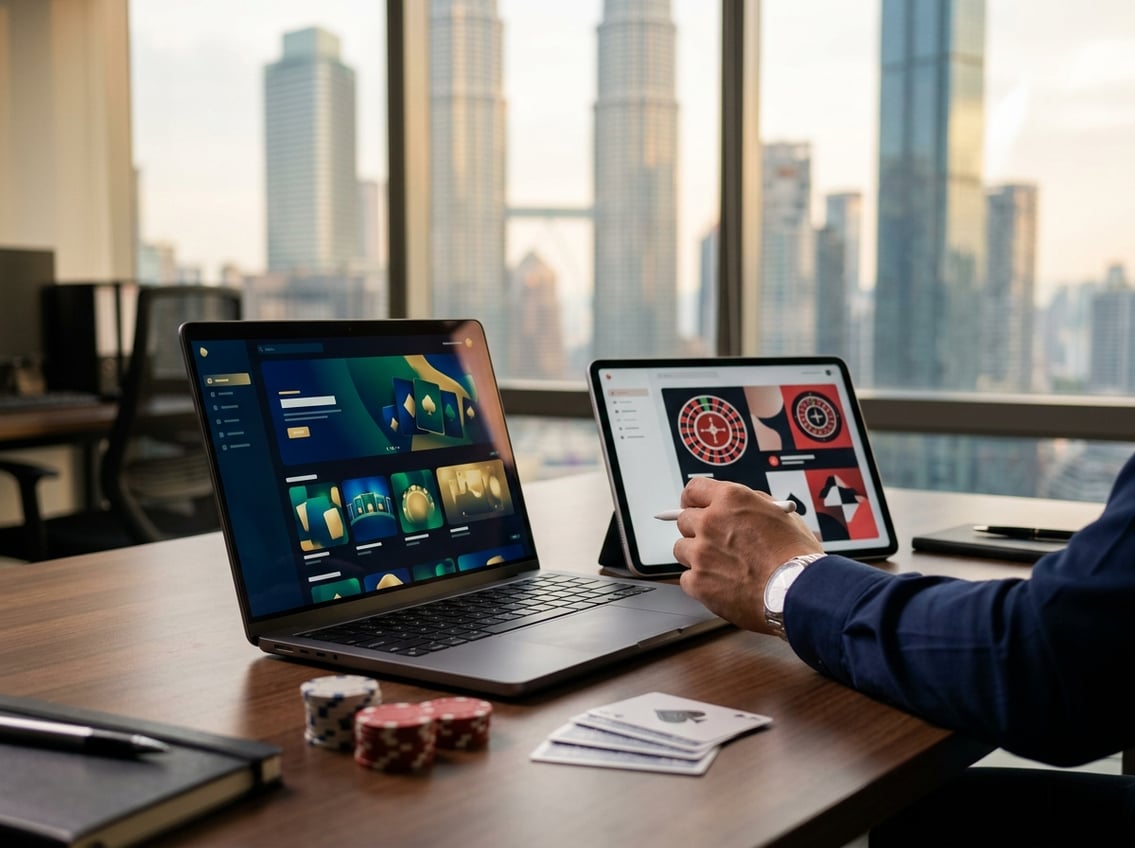 A professional reviewing casino-style interfaces on a laptop and tablet at a modern desk with Kuala Lumpur in the background.