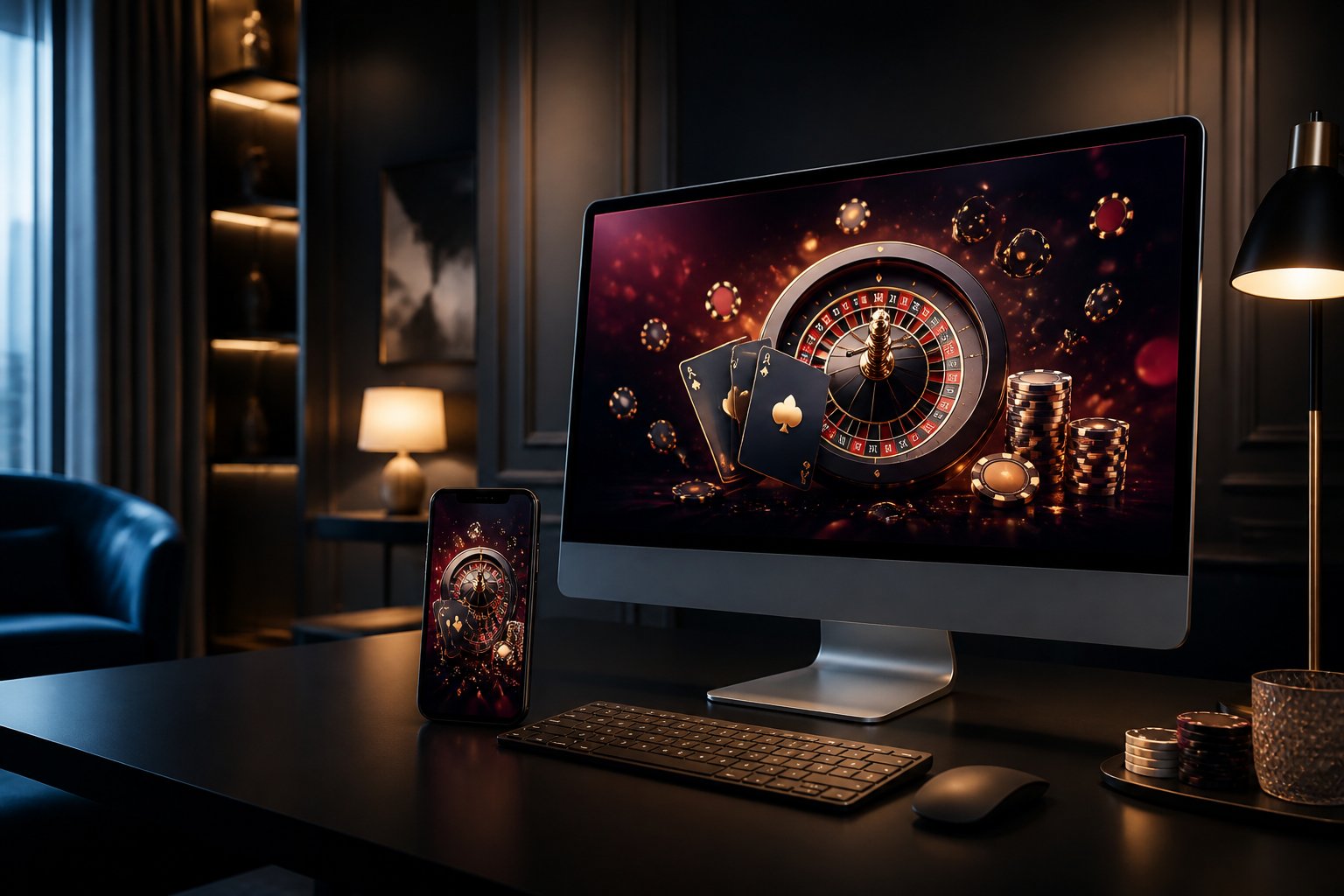 A modern online casino setup with a monitor, smartphone, roulette wheel, playing cards, and poker chips.