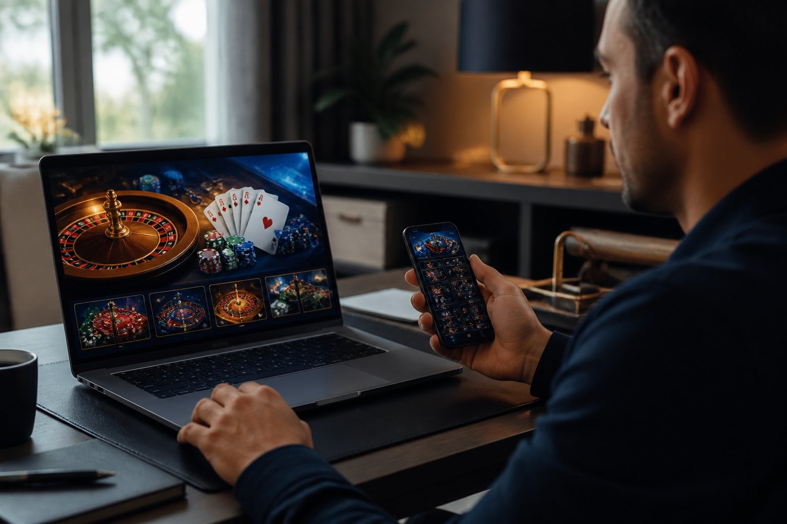 An adult reviews casino-themed visuals on a laptop and smartphone in a modern home setting.