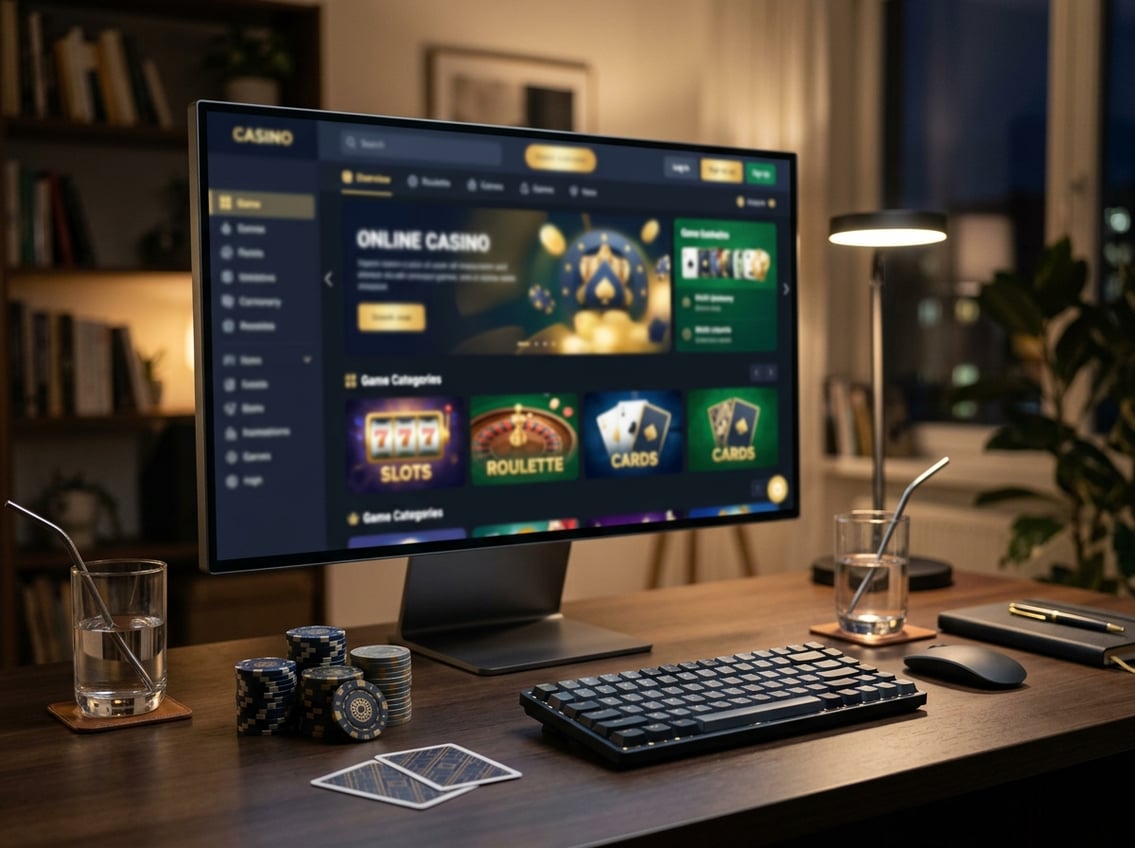 A modern computer workspace showing an abstract online casino interface with playing cards and poker chips on the desk.