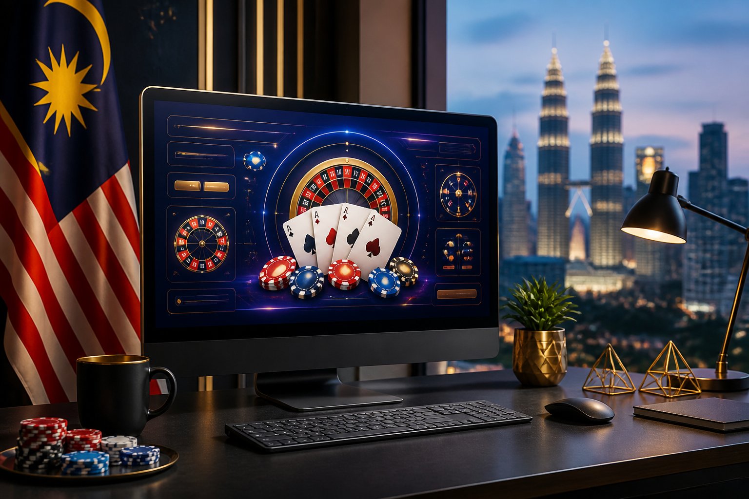 A modern computer setup displays an abstract online casino game interface with cards, chips, and roulette-inspired graphics, with a softly blurred Kuala Lumpur skyline in the background.
