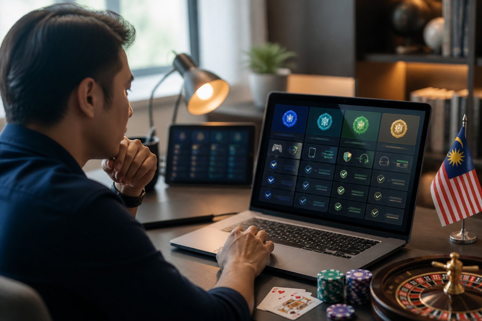 A Malaysian adult compares generic online casino platforms on a laptop in a modern home office.