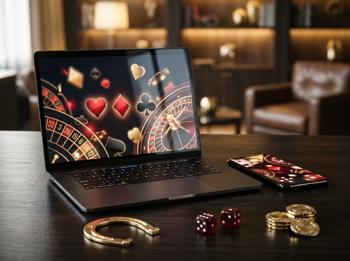 A luxurious online casino setup with a smartphone, laptop, gold coins, dice, and a horseshoe on a dark reflective surface.