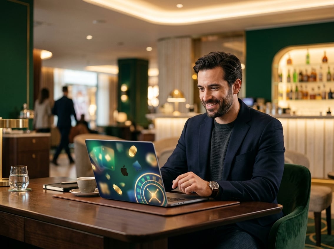 An adult visitor explores a polished online casino experience on a laptop in an elegant, warmly lit setting.