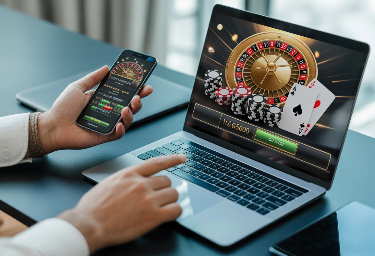 Hands use a laptop and smartphone beside poker chips and playing cards on a modern desk.