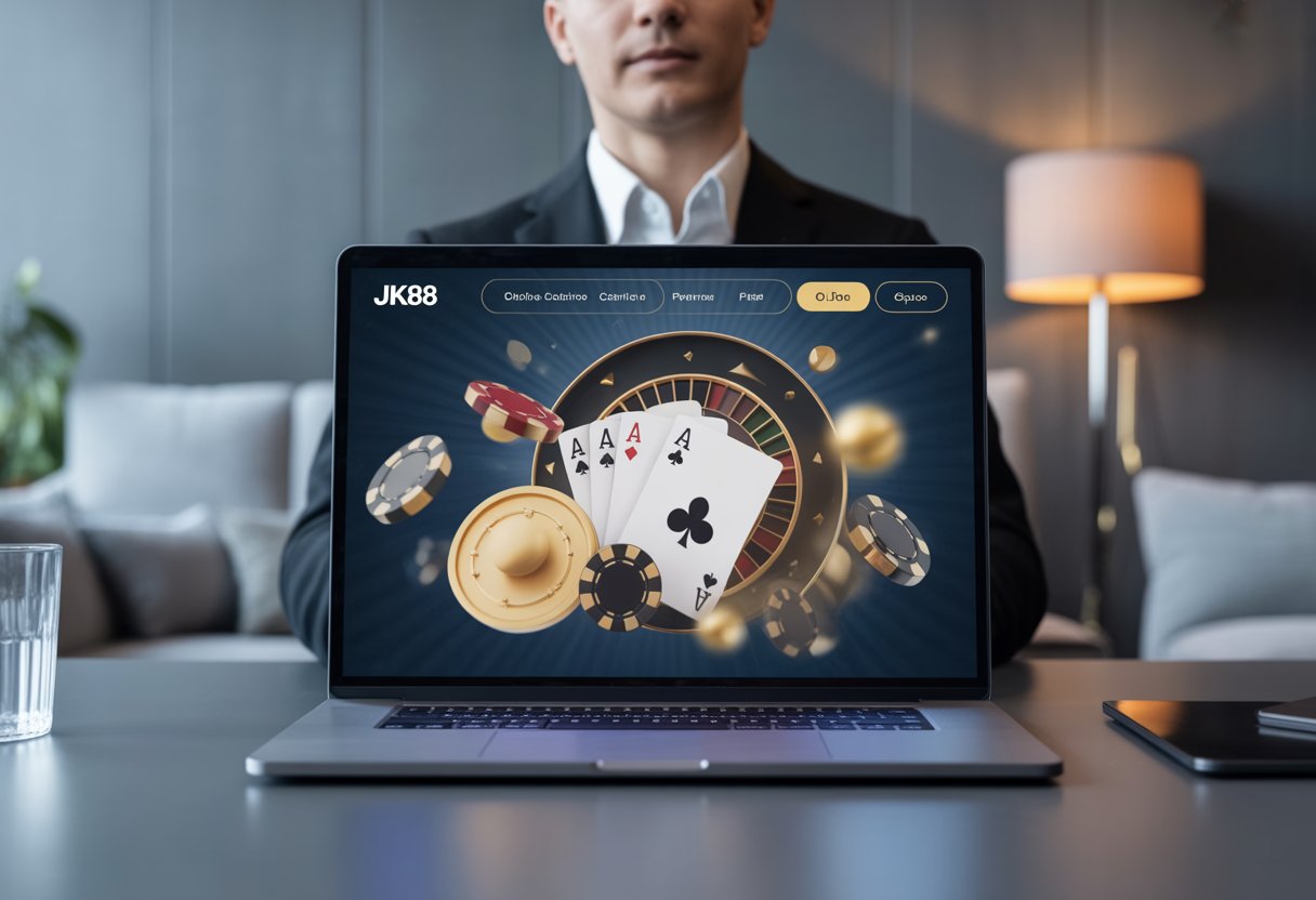 A person viewing a modern online casino homepage on a laptop at a sleek desk.