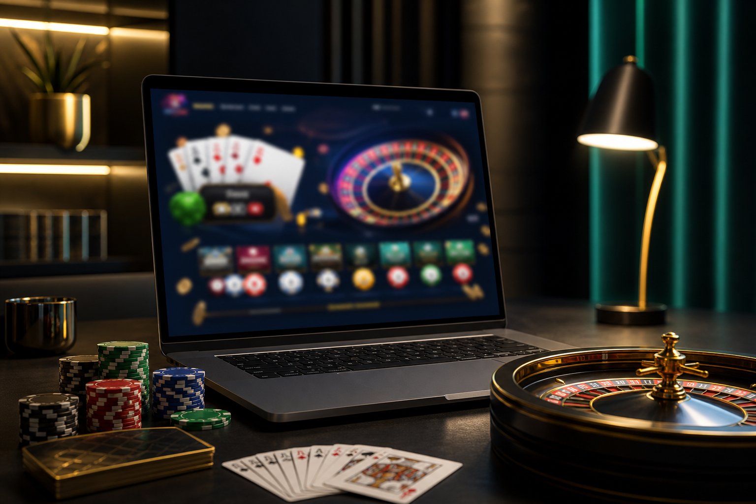 A modern computer setup displays an abstract online casino interface beside poker chips, playing cards, and a roulette wheel.