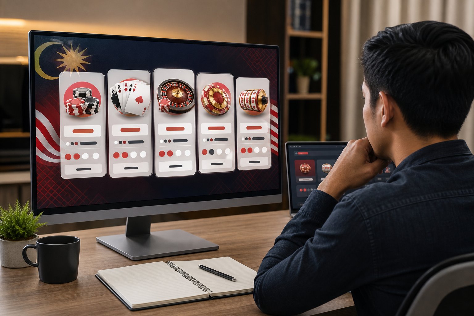 A person compares several abstract online casino platforms on computer screens in a modern workspace.