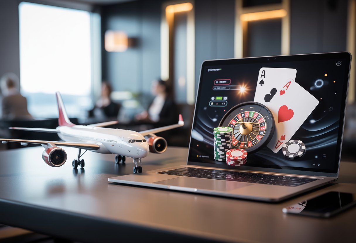 A laptop showing casino-style graphics sits beside a miniature passenger jet, with an airport lounge softly blurred in the background.