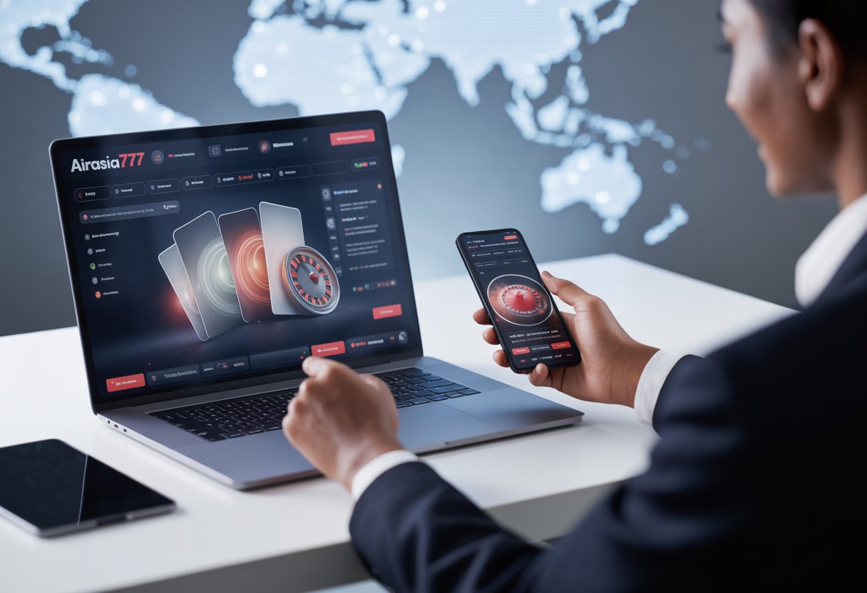 A user explores a modern online casino interface on a laptop and smartphone at a sleek workstation.