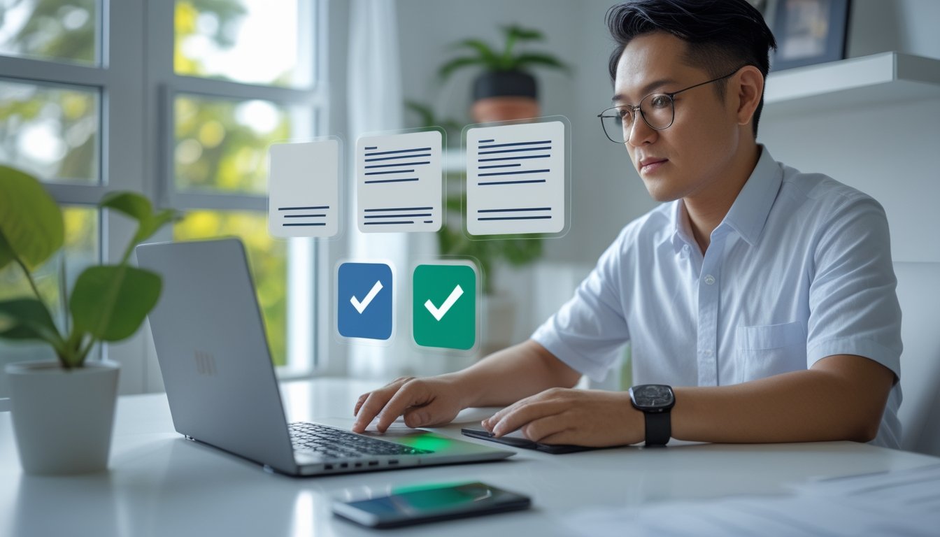 Seorang pemula memeriksa beberapa pilihan platform online dengan laptop dan ponsel di ruang kerja yang rapi.