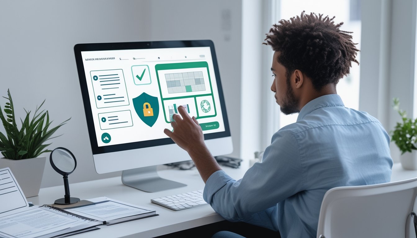 Pemula memeriksa keamanan dan legalitas platform digital menggunakan laptop, dokumen, dan simbol perlindungan.
