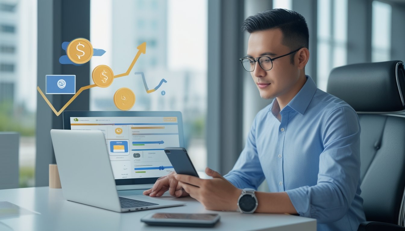 Seorang profesional menggunakan laptop dan ponsel dengan tampilan perbandingan layanan pembayaran digital yang aman dan cepat.