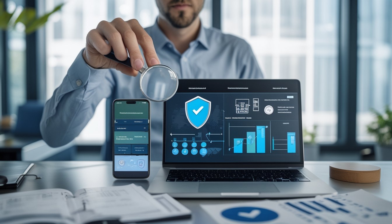 Seorang profesional memeriksa keamanan dan kredibilitas platform digital menggunakan laptop dan ponsel.