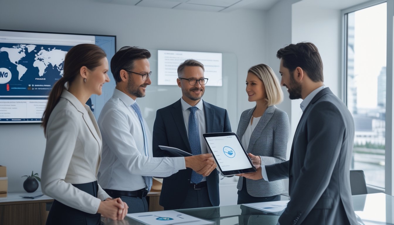 Sekelompok profesional membahas platform digital dan dokumen bisnis di kantor modern.