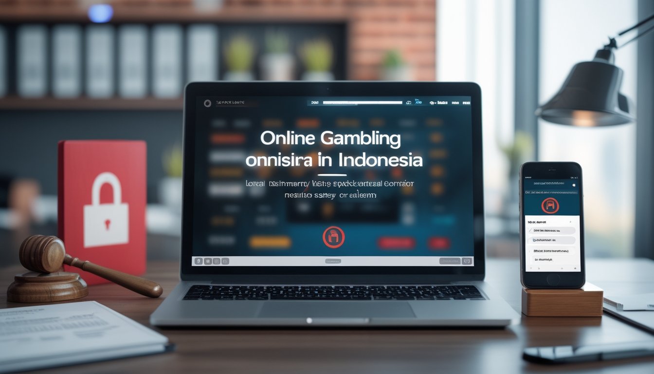 Laptop dan ponsel menampilkan simbol peringatan di samping dokumen hukum, palu hakim, dan gembok.