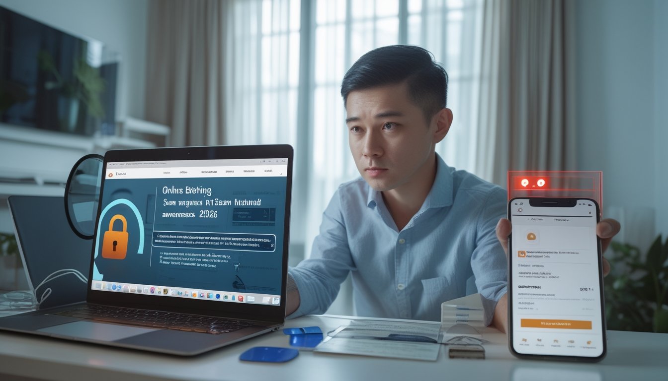 Seorang pemain online memeriksa situs taruhan mencurigakan di laptop dan ponsel dengan simbol peringatan penipuan.